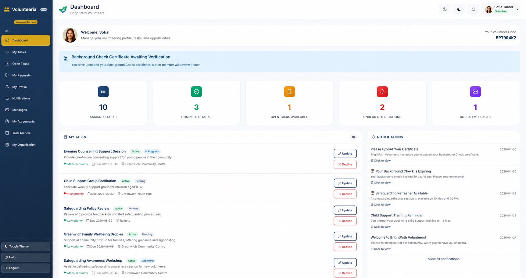 Volunteer dashboard